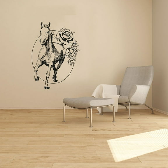 Horse Racing Mare Rose Roses Flowers Silhouette Beautiful Horse Stallion Mare Vinyl Wall Art Wall Sticker Wall Decal Cowboy Cowgirl Farm House Wall Decoration Home Room Décor Design Size (10x6 inch)
