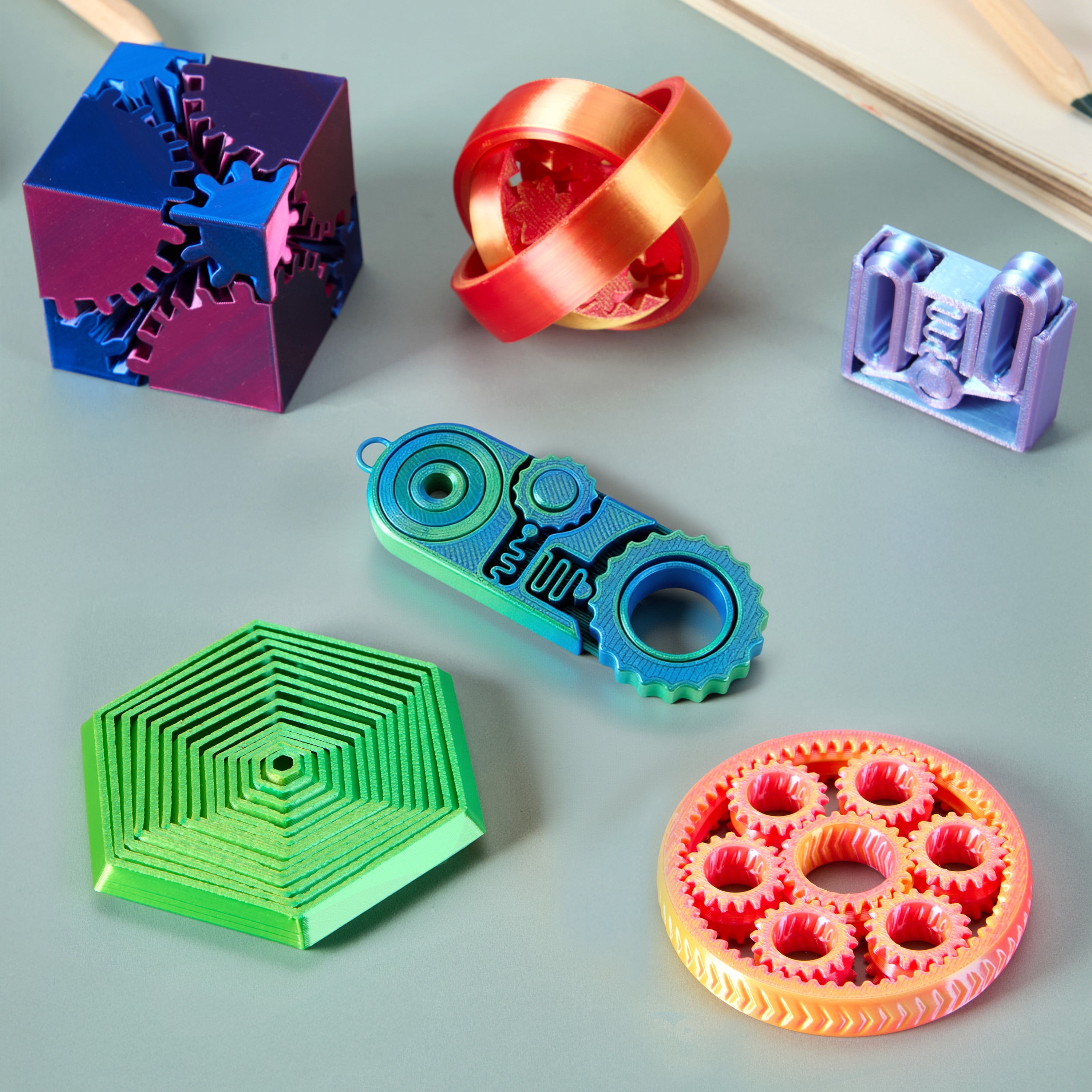 Joyfy 6 Pcs 3D Printed Fidgets Spin Fractal Click Gear Stress Relief Toys for Kids & Adults, Metallic Color ADHD Autism Product, Sensory Tools, Gifts for Birthday Christmas