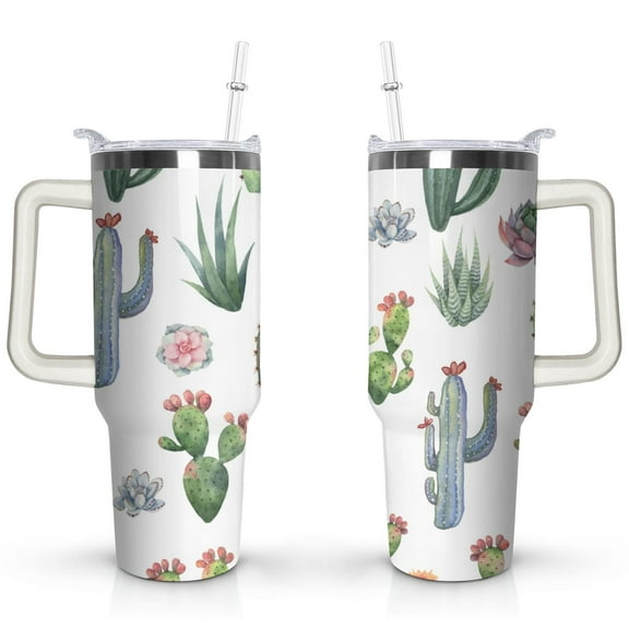 40oz Watercolor Cactus Succulents Stainless Steel Flip Straw Tumbler Spill Proof Travel Cup Double Wall Vacuum Insulated Coffee Mug with Top Handle