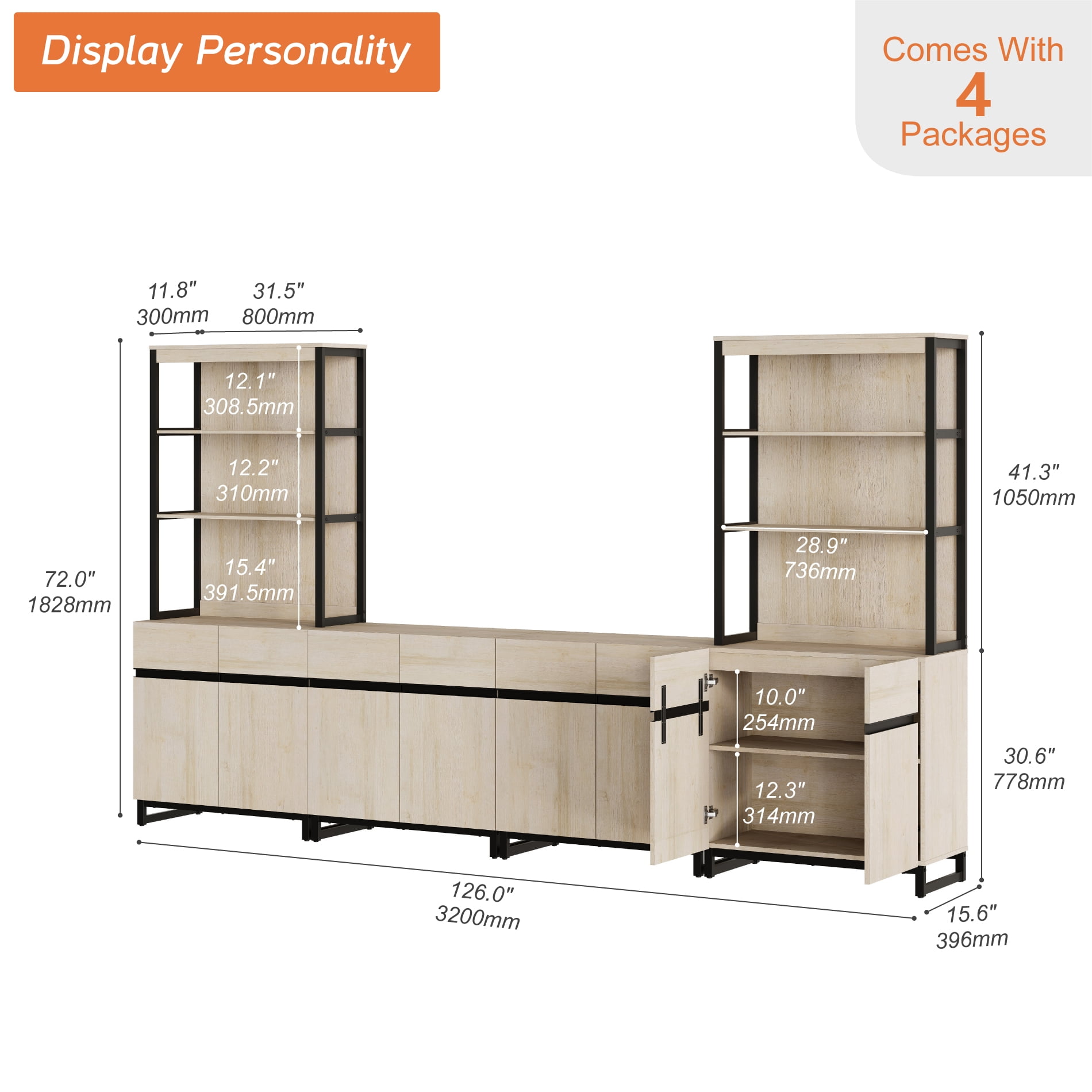 Modern 72" Tall 3 Tier Wood Bookshelf with Storage Cabinets, Adjustable Shelf & Door, Large Display Library Bookcase for Home Office, Living Room, Beige