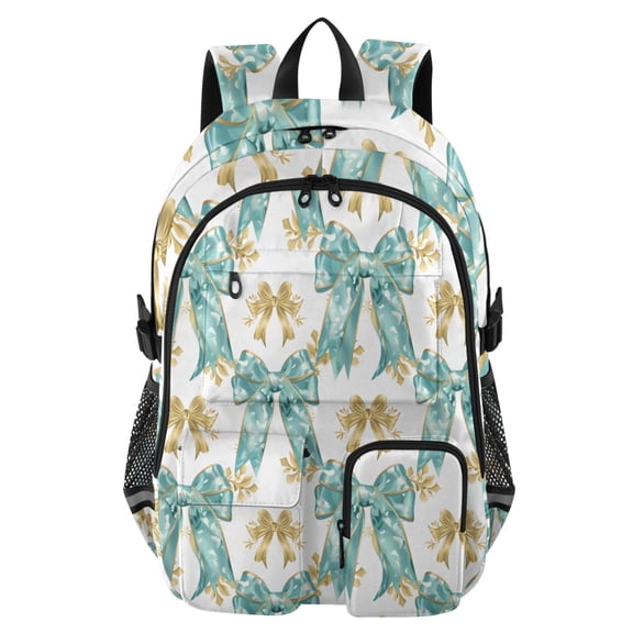 DIXRUYEE Green Gold Bow Pattern Backpack for School 14”Laptop Compatible with Reflective Safety Strips