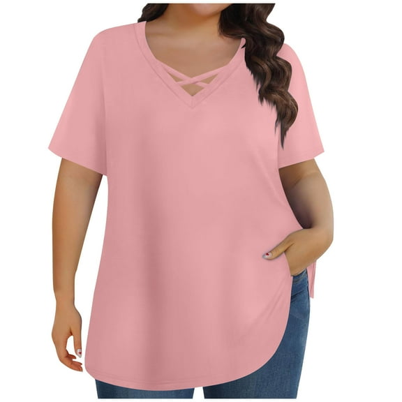 XFLWAM Plus Size Tops for Women Summer Trendy Criss Cross V Neck T Shirts Oversized Casual Loose Fit Short Sleeve Tunic Tops