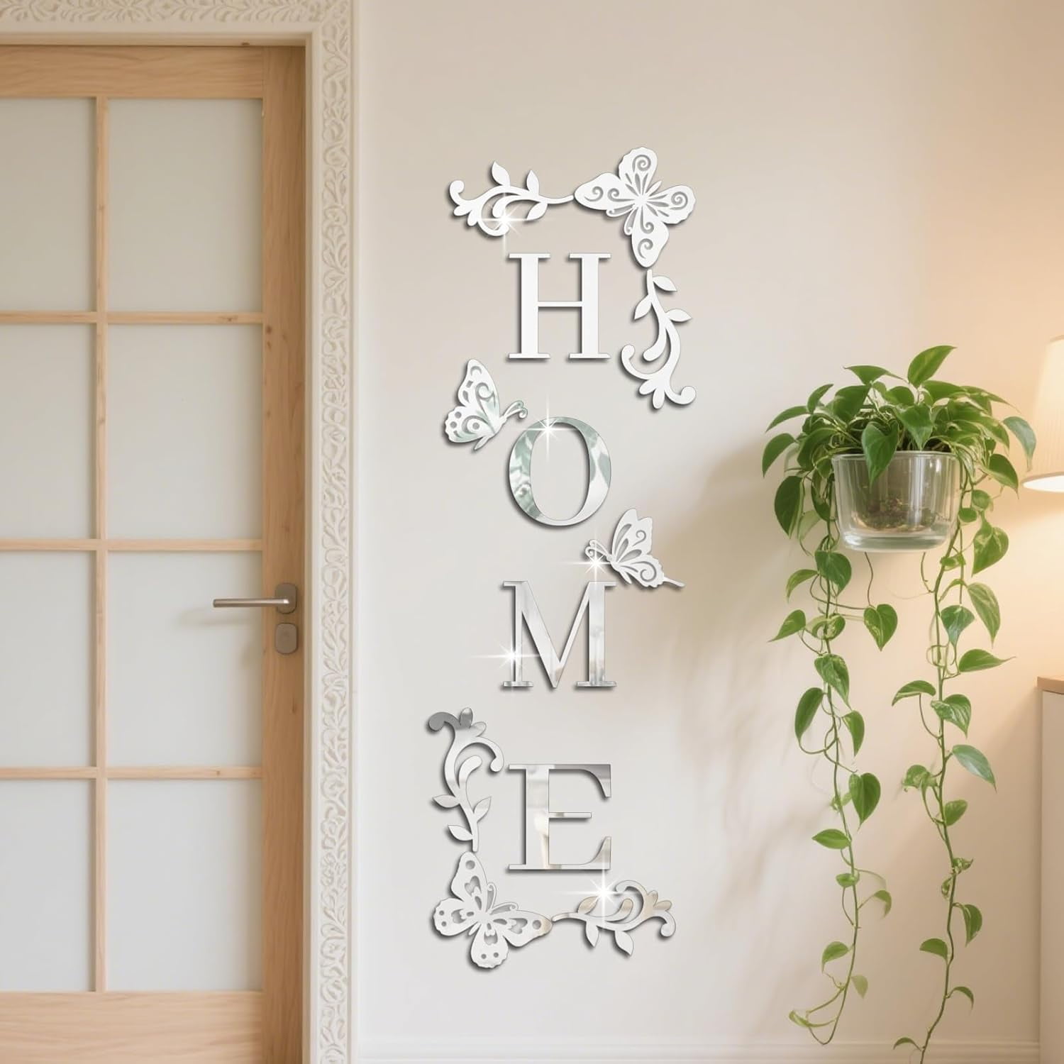 Silver Home Letter Sign Acrylic Mirror Wall Stickers for Living Room 47.99x15.27 in Butterfly Vines Self-Adhesive Wall Decor Decals for Bedroom Kitchen Decorations