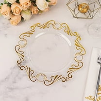 Balsa Circle 10 Clear 10" Round Disposable Salad Dinner Plastic Plates Gold Baroque Design Party Decorations