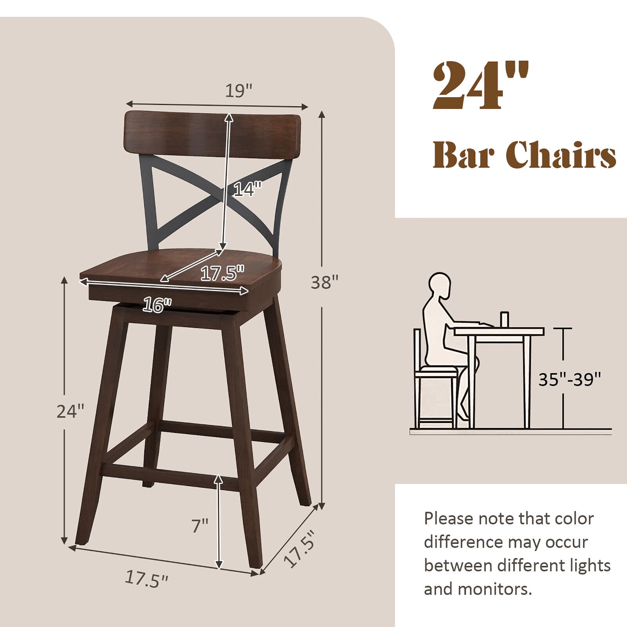 Gymax Set of 4 Wooden Swivel Bar Stools Counter Height Kitchen Chairs w/ Back Brown