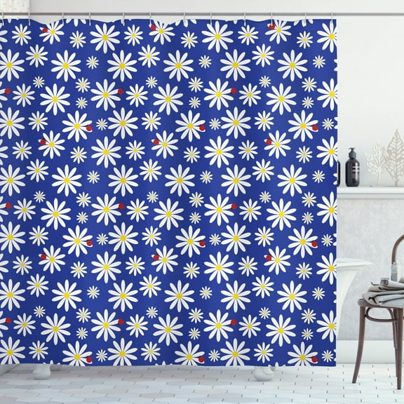 Ladybugs Shower Curtain, Daisies Pattern with Spring Bugs Blooming Nature Illustration, Fabric Bathroom Set with Hooks, 69W X 84L Inches Extra Long, Vermilion Navy Blue and Yellow, by Ambesonne