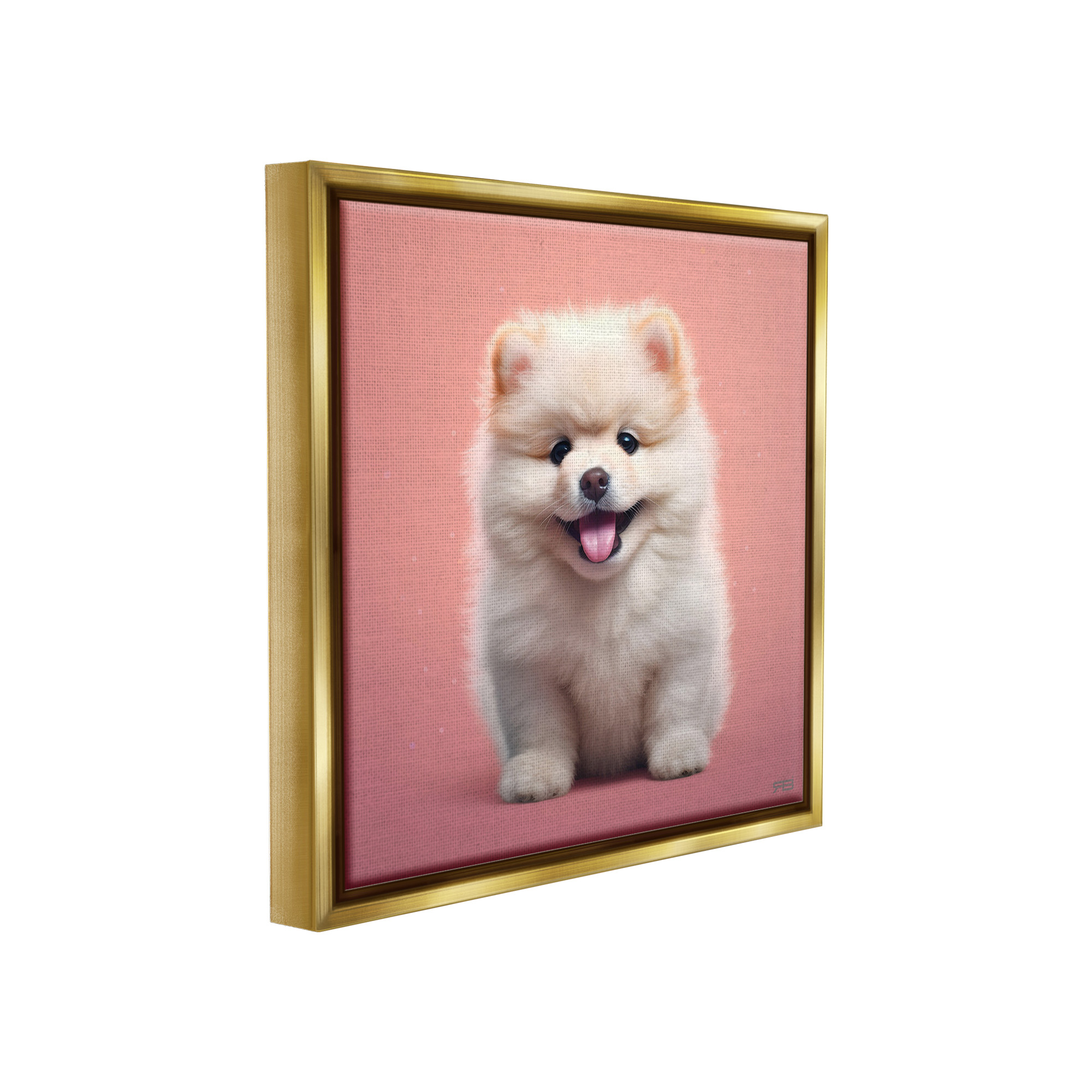 Stupell Industries Fluffy Puppy on Pink Animals & Insects Painting Gold Floater Framed Canvas Art Print Wall Art, 25 x 25