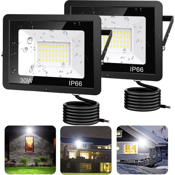 2PCS 30W Reflectores Led Exteriores,Iluminación Equivalente a 300W, Reflector Led Exteriores Lampara Para Exterior, Luz Exterior IP66,Luz Blanco Lámpara Suburbana Jardin Patio Plazas