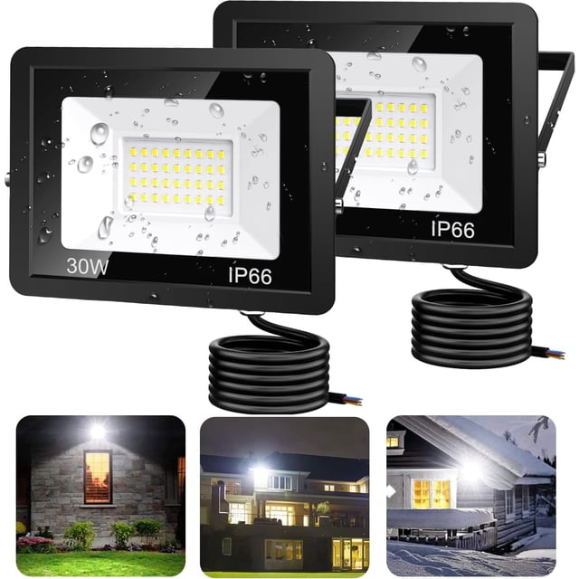2PCS 30W Reflectores Led Exteriores,Iluminación Equivalente a 300W, Reflector Led Exteriores Lampara Para Exterior, Luz Exterior IP66,Luz Blanco Lámpara Suburbana Jardin Patio Plazas