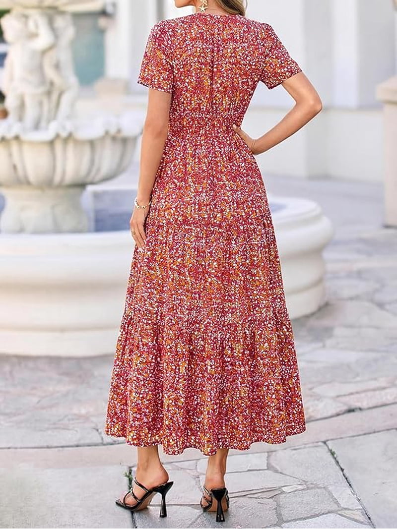 BTFBM Womens Summer Floral Maxi Dresses V Neck Short Sleeve Boho Casual Flowy Long Wedding Guest Dress Beach Vacation