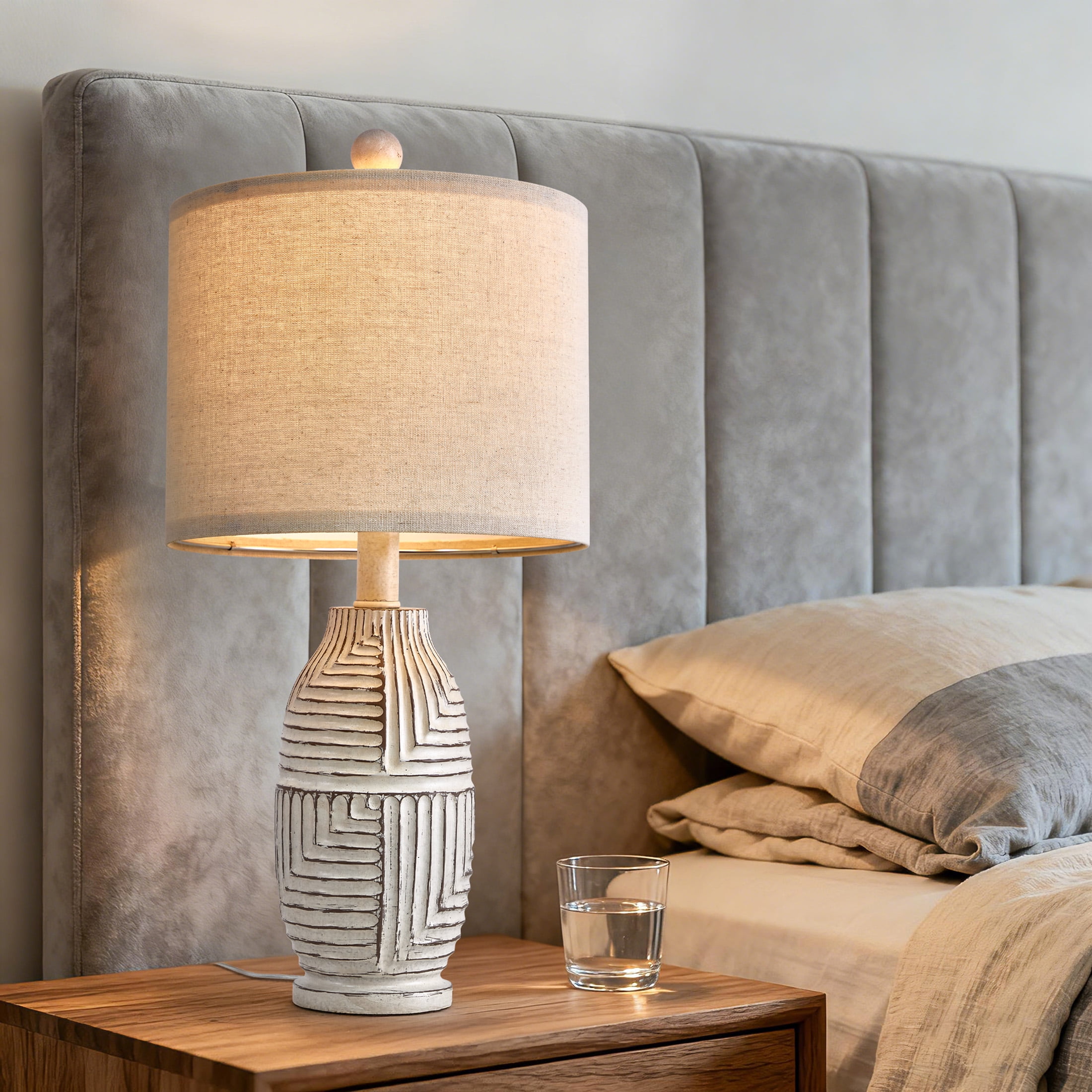 Oneach 20.25" Farmhouse Table Lamps Set of 2 for Living Room Bedroom Resin Bedside Nightstand Lamps with Beige Linen Drum Shade