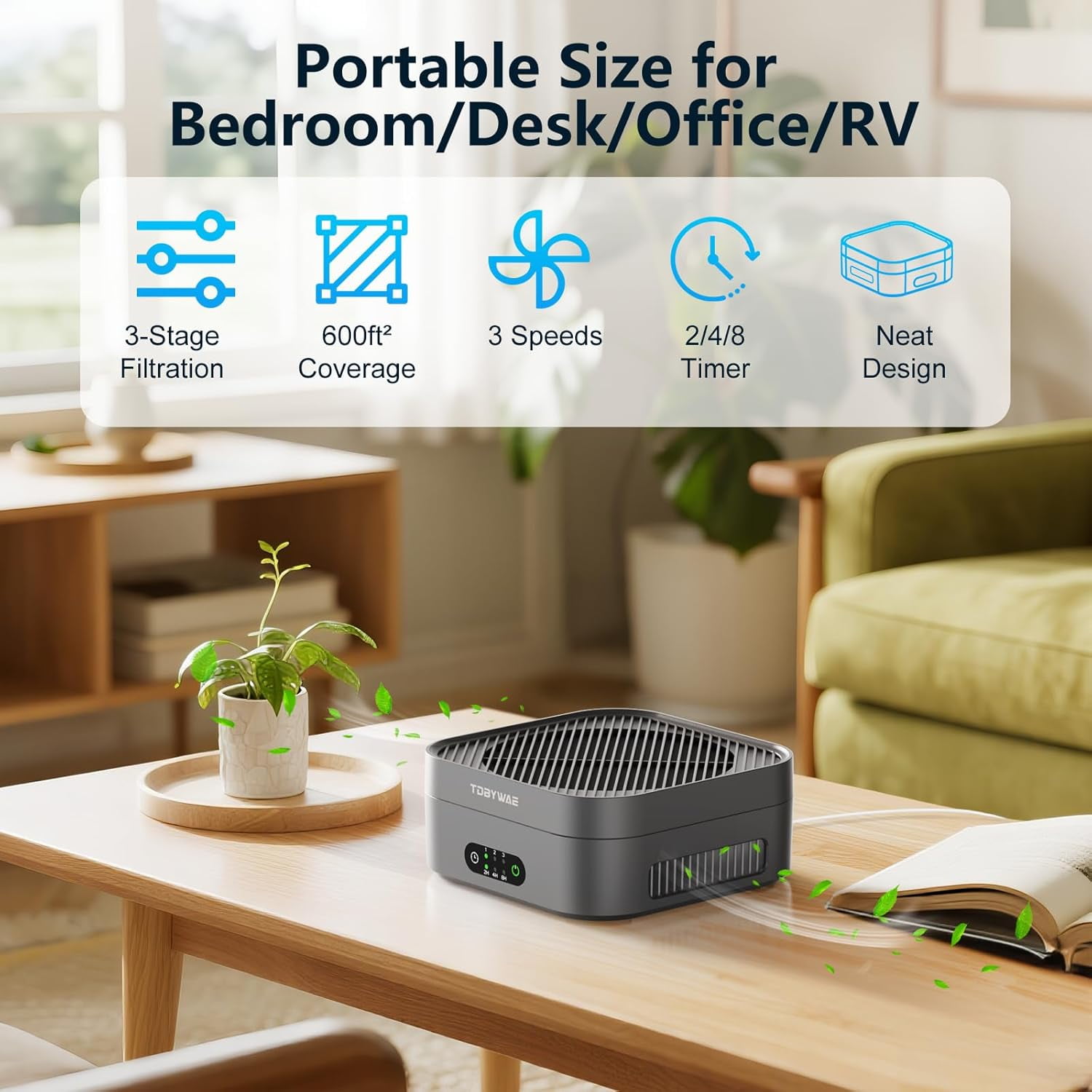 Purifier for Home 600 Sq.Ft, H13 True HEPA Filter with USB-C for Pets Dust Dander Pollen Odor , Small Portable Purifier for Bedroom Office Desktop Car RV