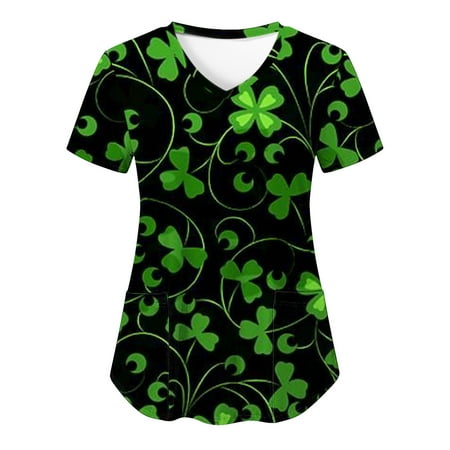 

KIJBLAE St.Patrick s Day Shirts for Women Clover Gnom Print Tops V-Neck T-shirt Working Uniform Clothes for Girls Short Sleeve Tees Scrub Pocket Tunic Blouses Black S Rollbacks