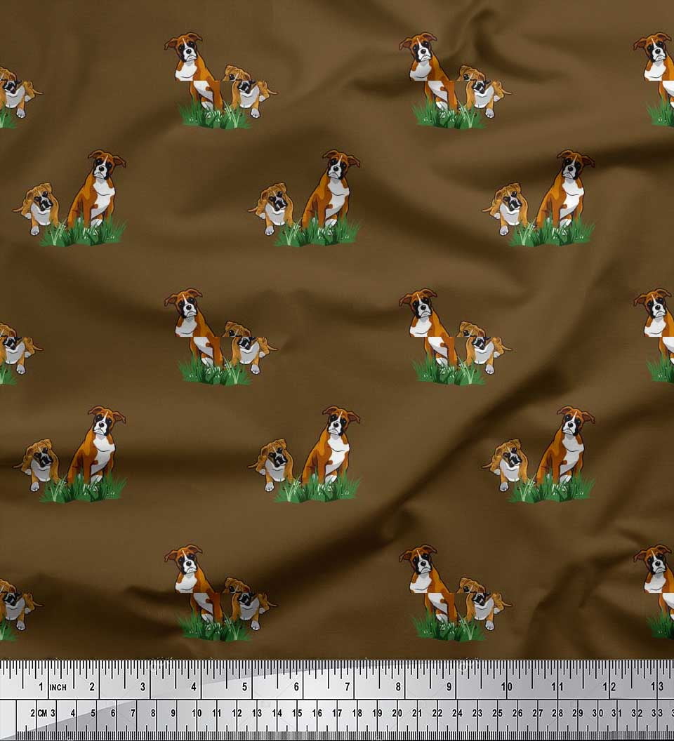 Soimoi Polyester Crepe Fabric Grass & Boxer Dog Print Fabric by The