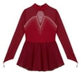 thumbnail image 4 of Aislor Girls Figure Ice Skating Long Sleeve Sparkly Rhinestone Mesh Splice Gymnastics Leotard Dress Dancewear Burgundy 10, 4 of 7