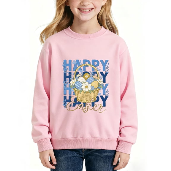 Happy Easter Bunny Graphic Crewneck Sweatshirt for Boys Girls, Soft Poly-Cotton Long Sleeve Pullover, Casual Relaxed Fit Top for Spring Daily Wear