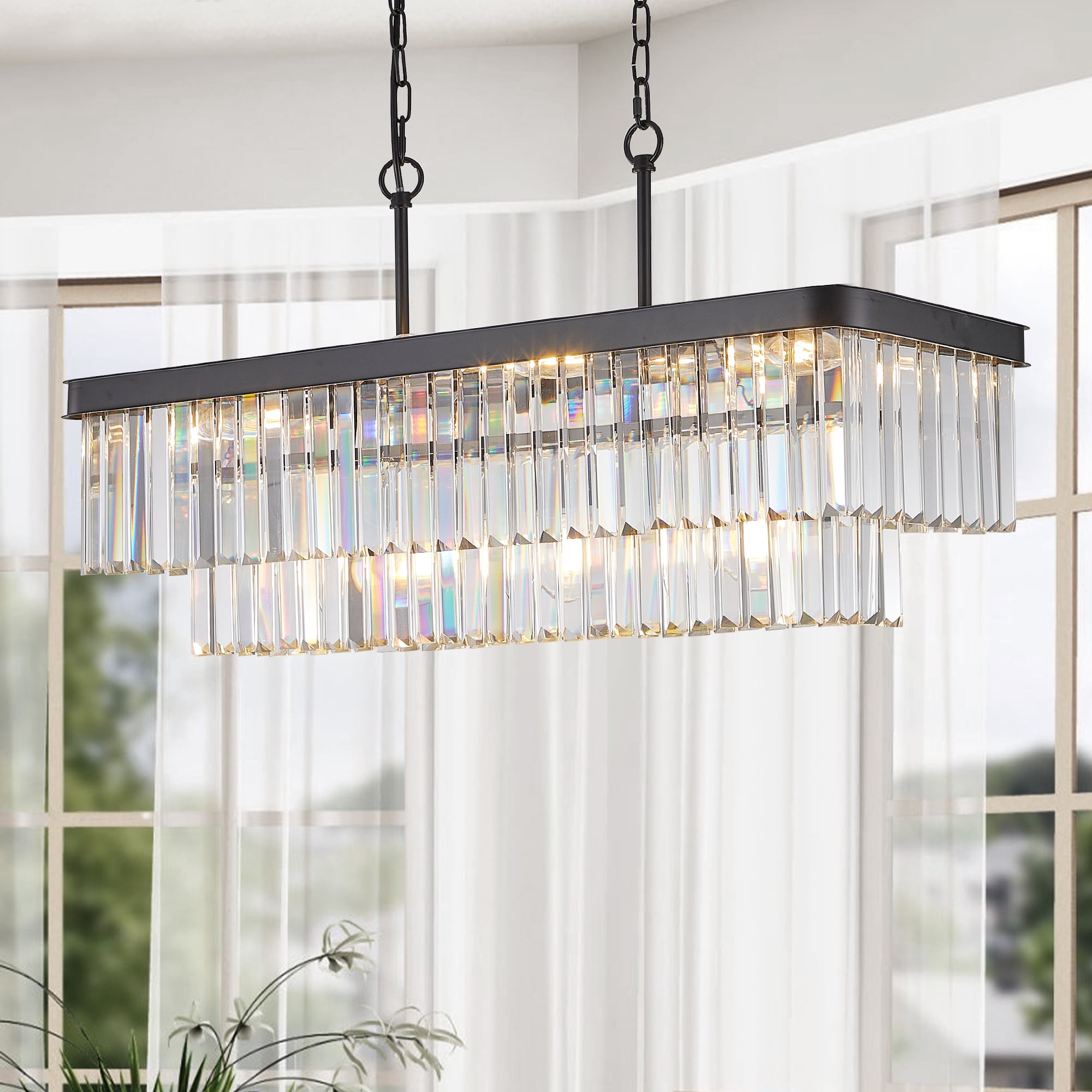 Crystal Chandelier, 11-Light 33.5in Black Modern Farmhouse Chandeliers Dining Room Lighting Fixture, Adjustable Rectangle Hanging Ceiling Light for Living Room,Pool Table Light, Kitchen Island