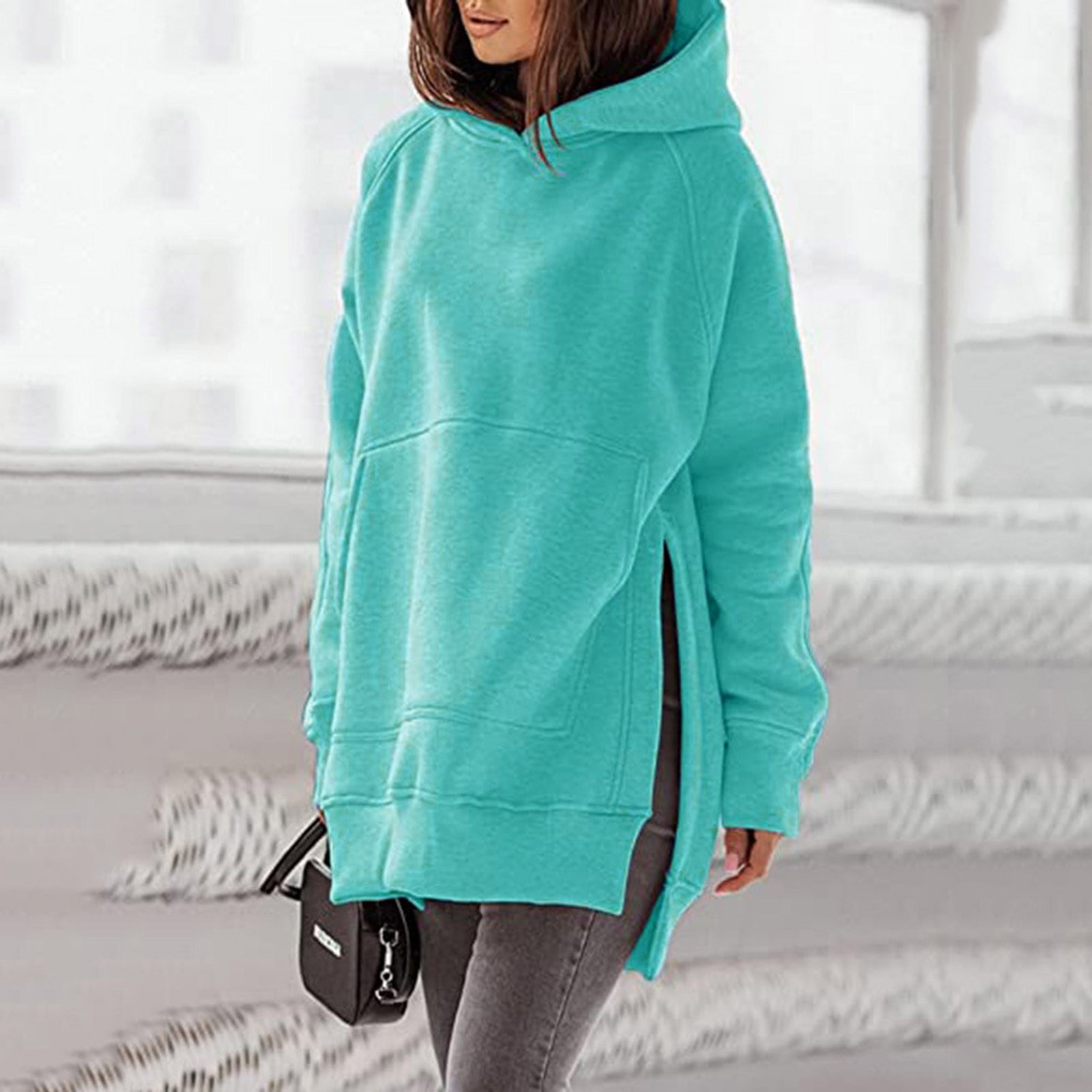Oversized Sweatshirt for Women Long Sleeve Solid Color Hoodies Side Slit Loose Fit Comfy Hooded Sweatshirt with Pockets Walmart