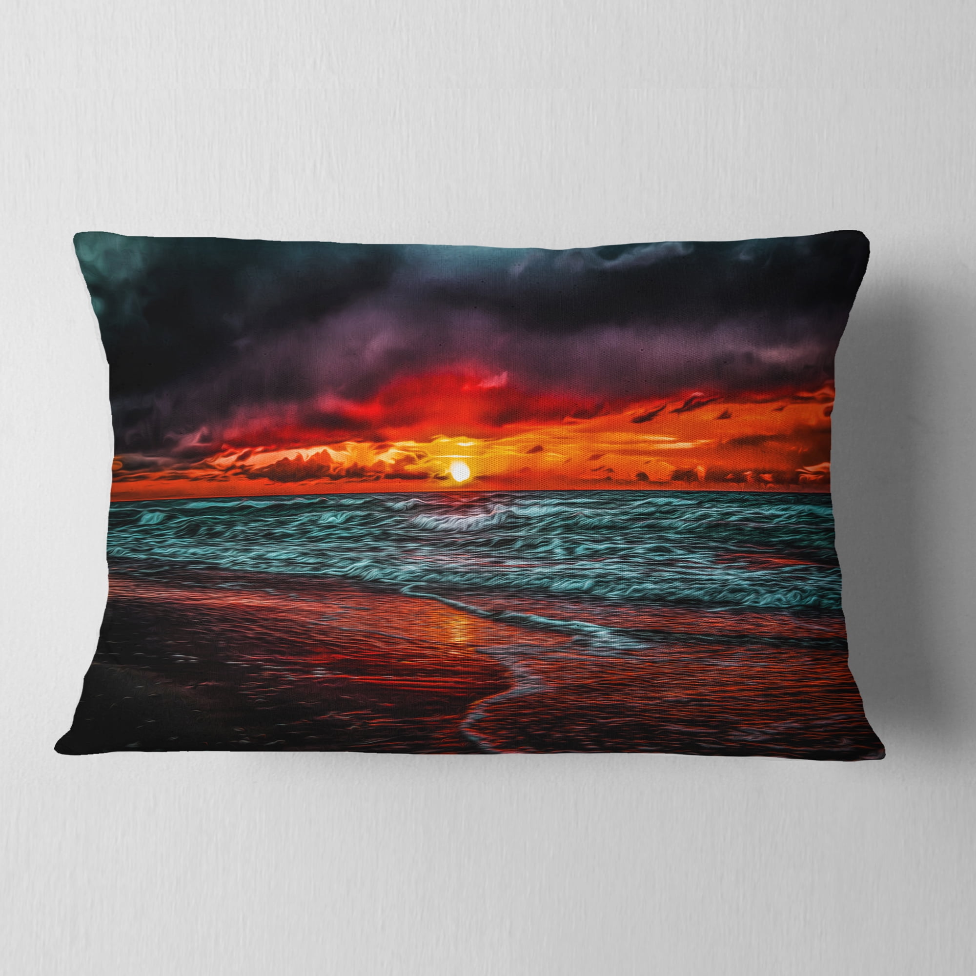 Designart Red Sunset over Blue Waters - Seascape Throw Pillow - 12x20