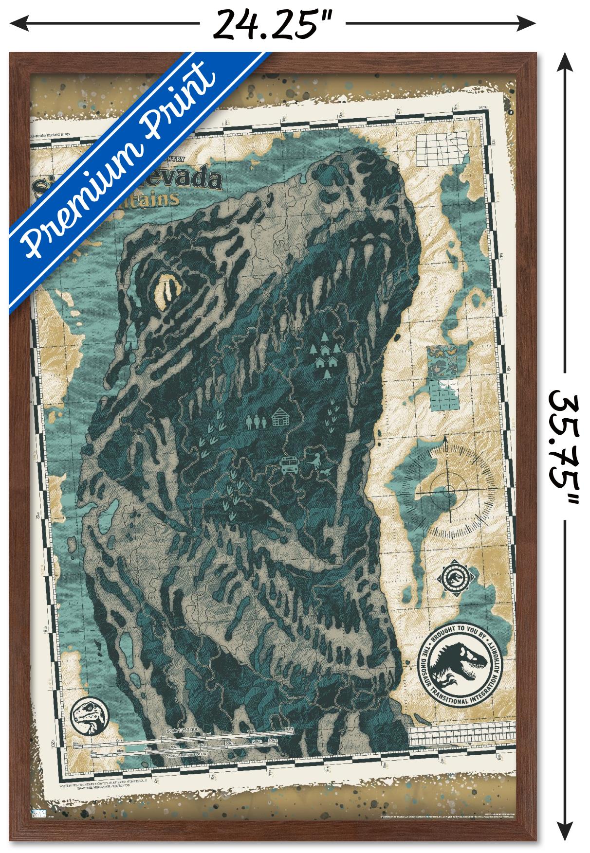 Jurassic World: Dominion - Sierra Nevada Mountains Map Wall Poster, 22.375" x 34" Framed