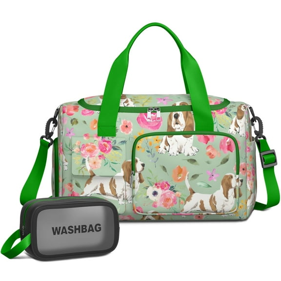Women Men Gym Bag,Basset Hound and Pioneer Flower Small Duffle Bag Spend the Night Bags for Women with Shoes Compartment Washbag,Detachable Shoulder Strap,19.7x8.3x11 Inches