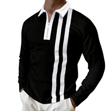 Outfmvch polo shirts for men Casual Splice Zipper Turn-Down Collar Long Sleeve Polos Shirt womens tops Black