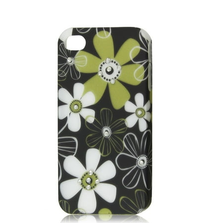 Rhinestone Back Cover Unique Bargains Black Rhinestone Floral Hard Back Case Cover Protector for Apple iPhone 4 4G ()