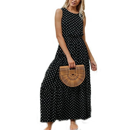 Dotted Sleeveless Dress - Women's Polka Dot Sleeveless Evening Party Maxi Dress