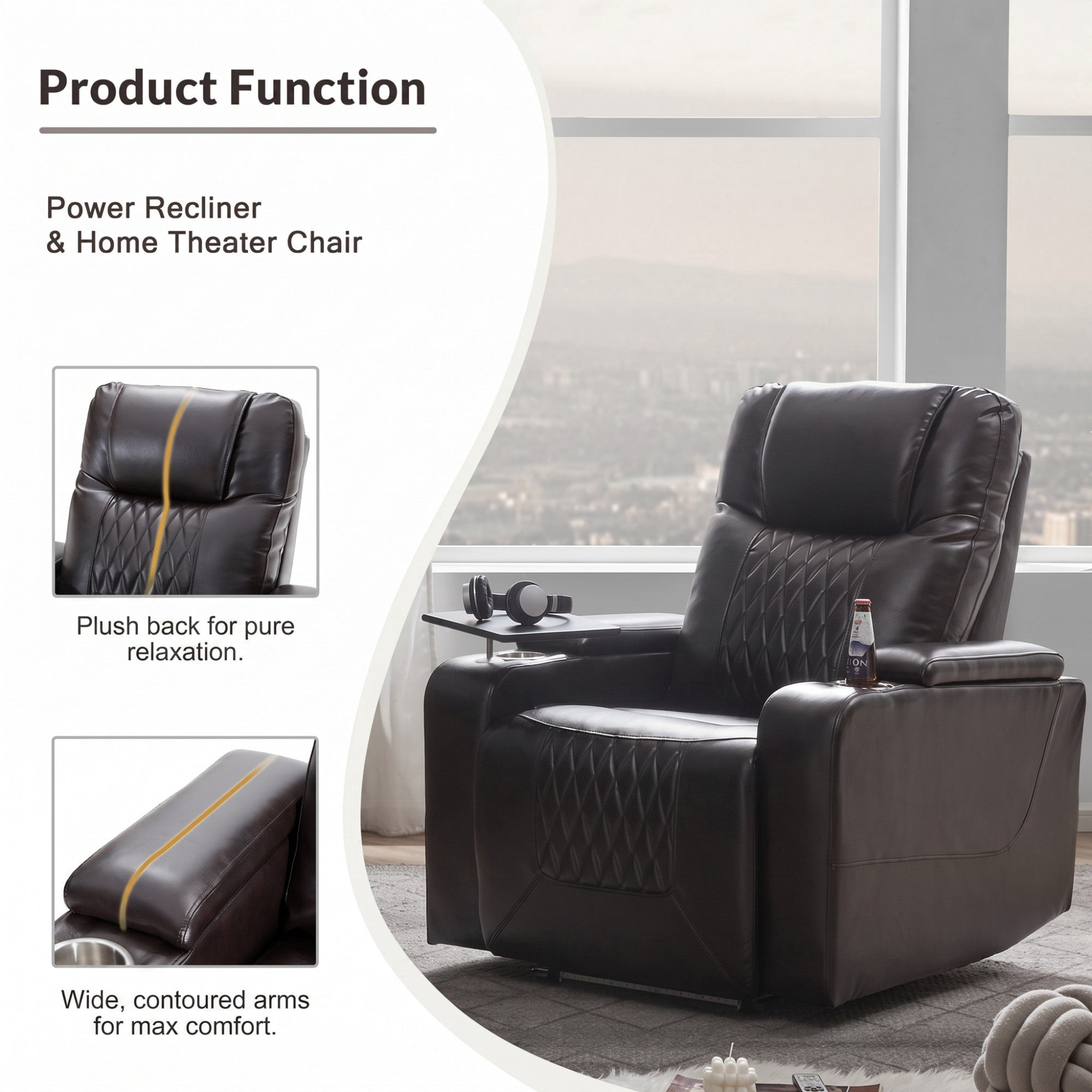 Sailvan Motion Recliner with Swivel Tray Table and Hidden Storage Black