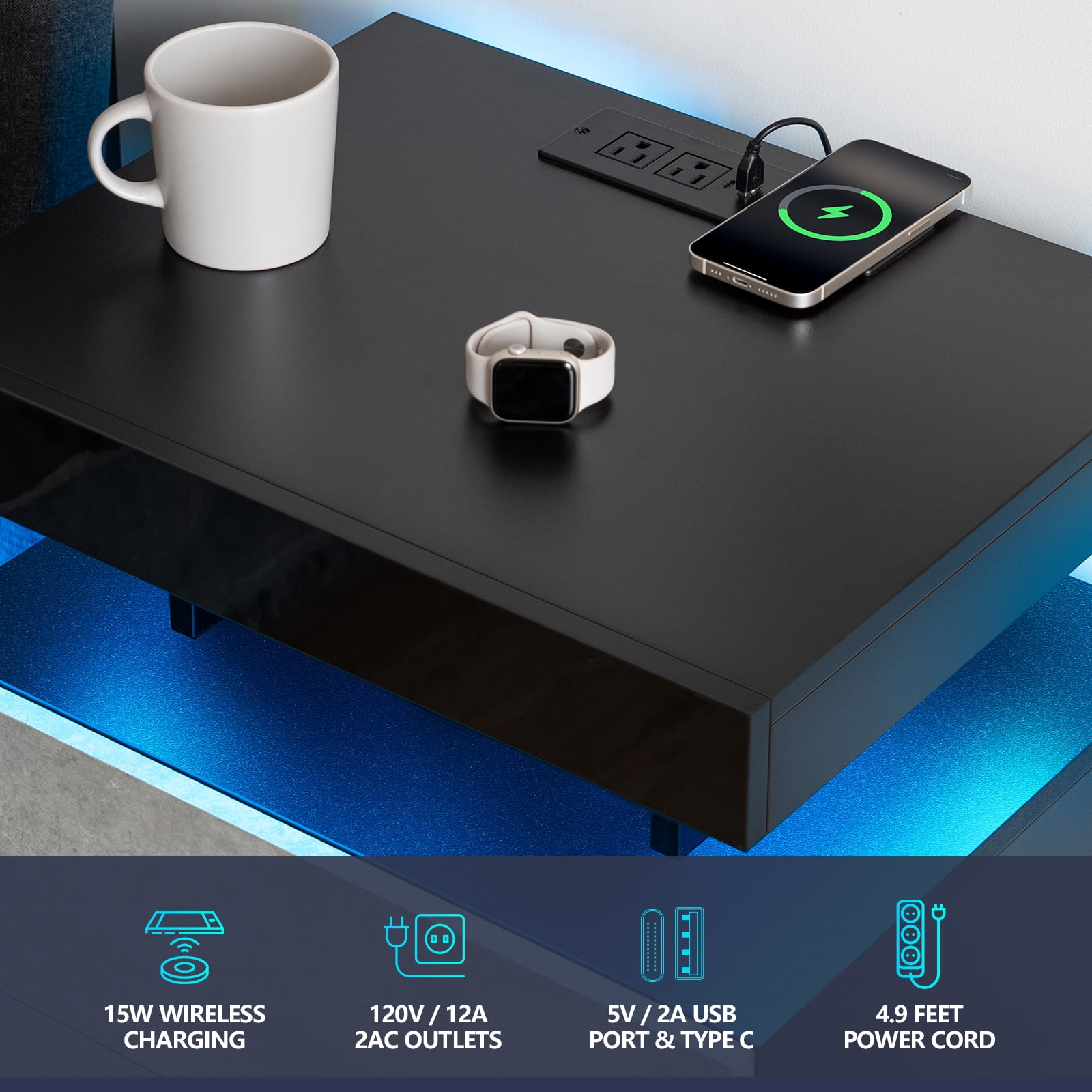 Hommpa Modern Nightstand Set of 2 LED Nightstand with 15W Wireless Charging Type C USB Port 2 Drawers Bedside Table Storage High Gloss Night Table Gray End Side Table for Bedroom Furniture 22.3" Tall