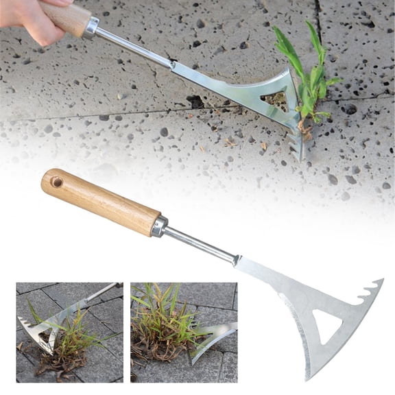 FENGGHAO 13.4 Inch Stainless Steel Crack Weeder Tool with Wood Handle L-Shaped Weed Puller for Garden Yard Patio Sidewalk Paving