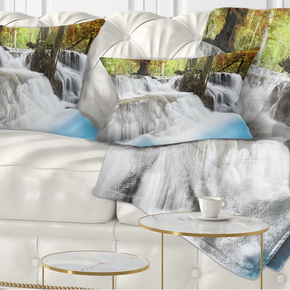 Designart Roaring Erawan Waterfall - Landscape Printed Throw Pillow - 12x20