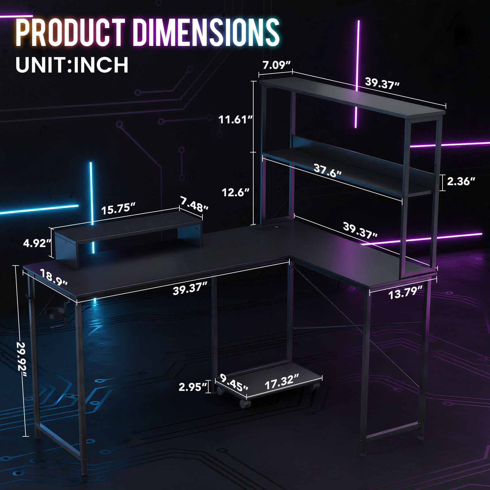 CLOUDREST PTO 53" L-Shaped Gaming Desk, Power Outlets & RGB LEDs, Black