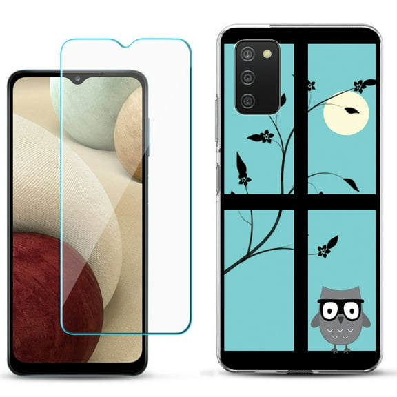 Slim-Fit TPU Phone Case Compatible with Samsung Galaxy A02s, with Tempered Glass Screen Protector, by OneToughShield ® - Moon Owl
