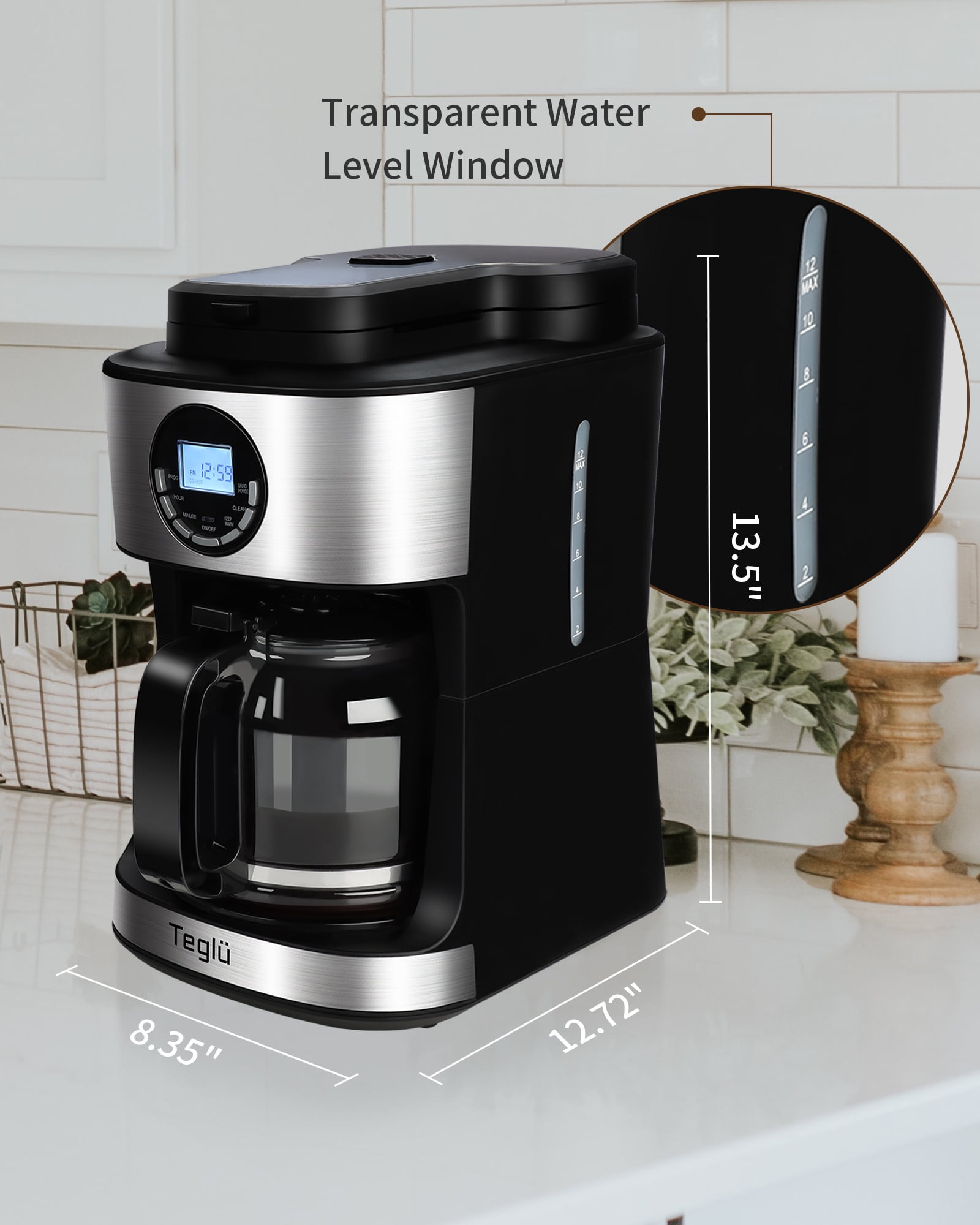 Buy Teglu Coffee Maker with Grinder 12 Cups, Programmable Grind and Brew Coffee Machine with