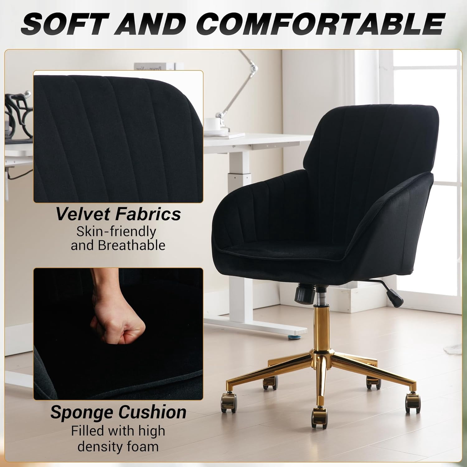 YWEN Velvet Home Office Chairs with Gold Base, Height Adjustable 360 Degree Swivel Desk Chair with Wheels, Upholstered Tufted Modern Vanity Chairs for Living Room, Bedroom,Study Room (Black)