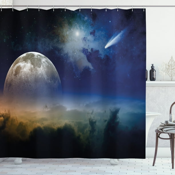 Moon Shower Curtain, Full Moon Rising with Shooting Star Cloudy Night