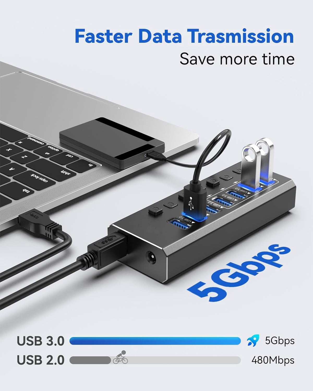 Powered USB Hub 3.0,AUBEAMTO 7-Port USB 3.0 Hub [Durable Aluminum] 7 Data Transfer Ports+ 4 Smart Charging Ports with Individual On/Off Switches, USB Hub 3.0 Powered with Power Adapter for Laptop PC