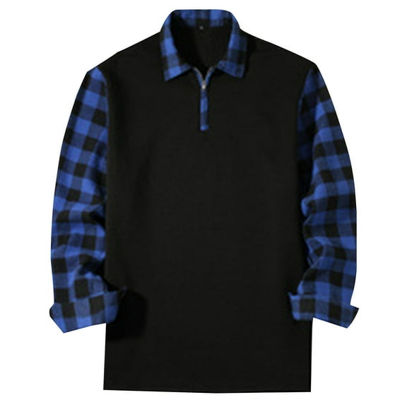 Wyobmus Men's Plaid Long Sleeve Shirts Causal Quarter-Zip Slim Fit Flip Collar Classic Style Shirt Blue