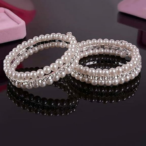 opvise Women Elegant White Faux Pearls Rhinestone Stretch Bangle Bracelet