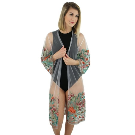 Mesh Kimono - Floral Embroidered Mesh Kimono Cover Up