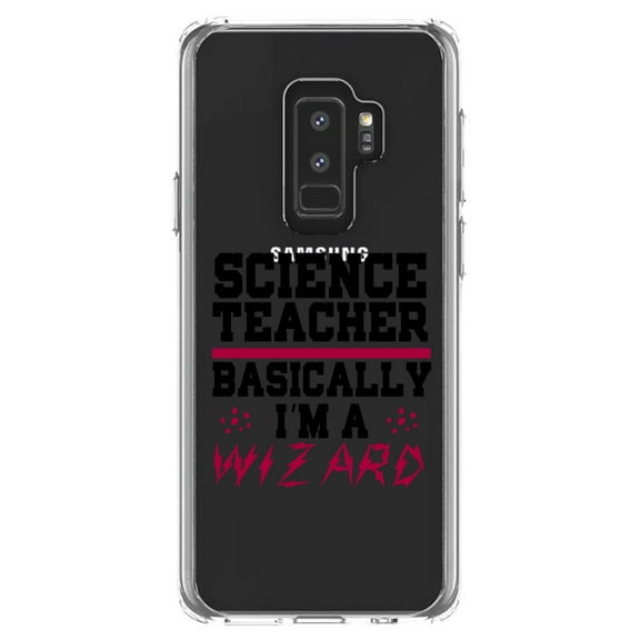 DistinctInk Clear Shockproof Hybrid Case for Samsung Galaxy S9  PLUS (6.2" Screen) - TPU Bumper Acrylic Back Tempered Glass Screen Protector - Science Teacher Basically I'm a Wizard
