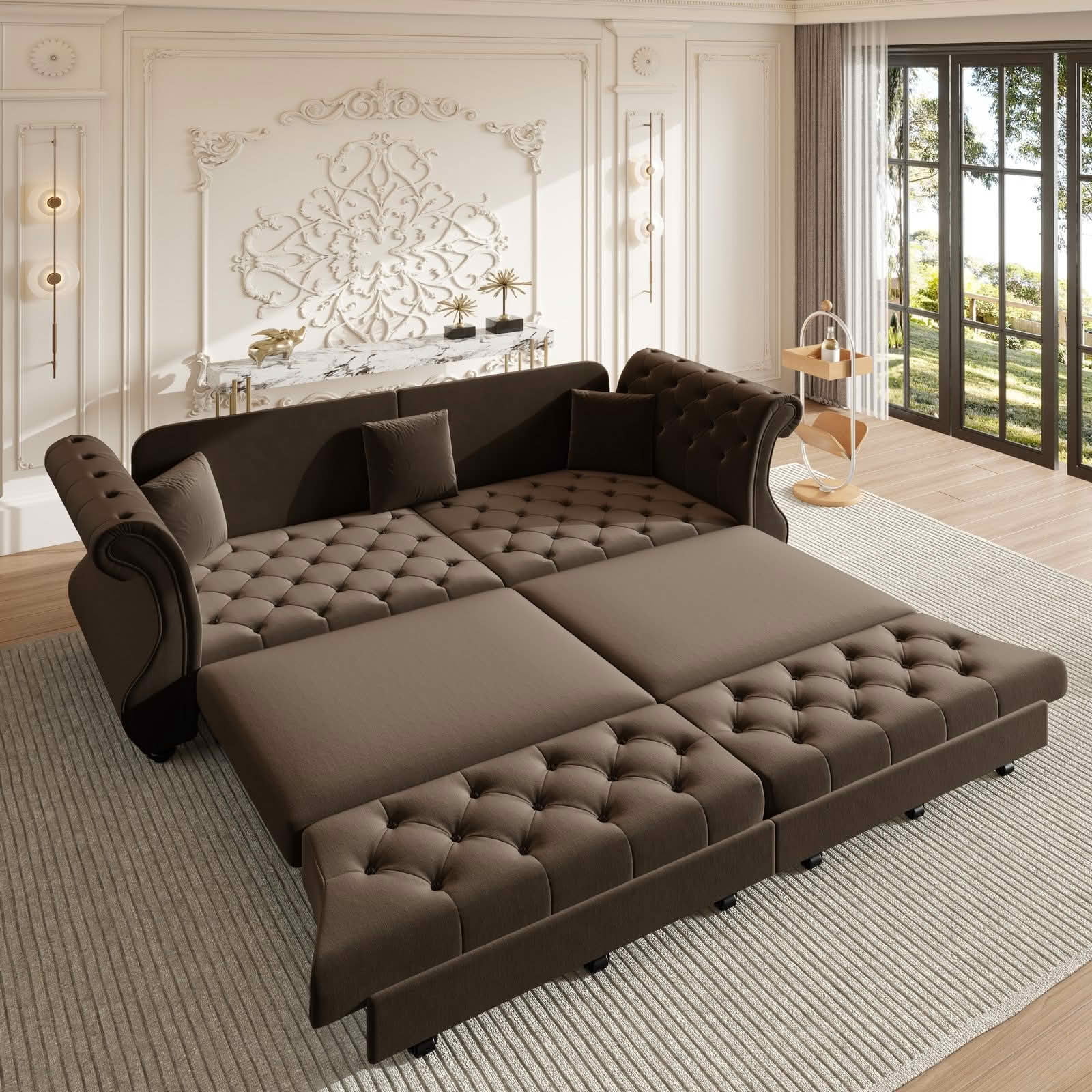 MAYEERTY 97.6" Chesterfield Pull‑Out Sofa Bed, Classic Roll‑Arm Velvet Couch with Flower Tufting, 3 Pillows Included for Living Room, Bedroom and Apartment