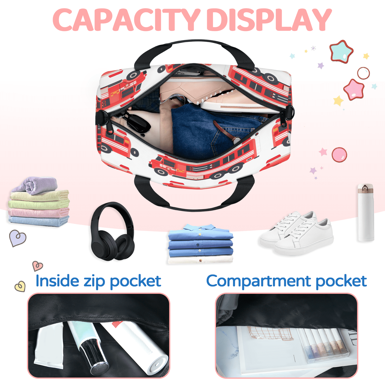 Herdesigns Fire Trucks Gym Bag for Women, Duffle Bag for Travel Sport, Car Lightweight Waterproof Carry on Weekender Dance Yoga Workout Bags