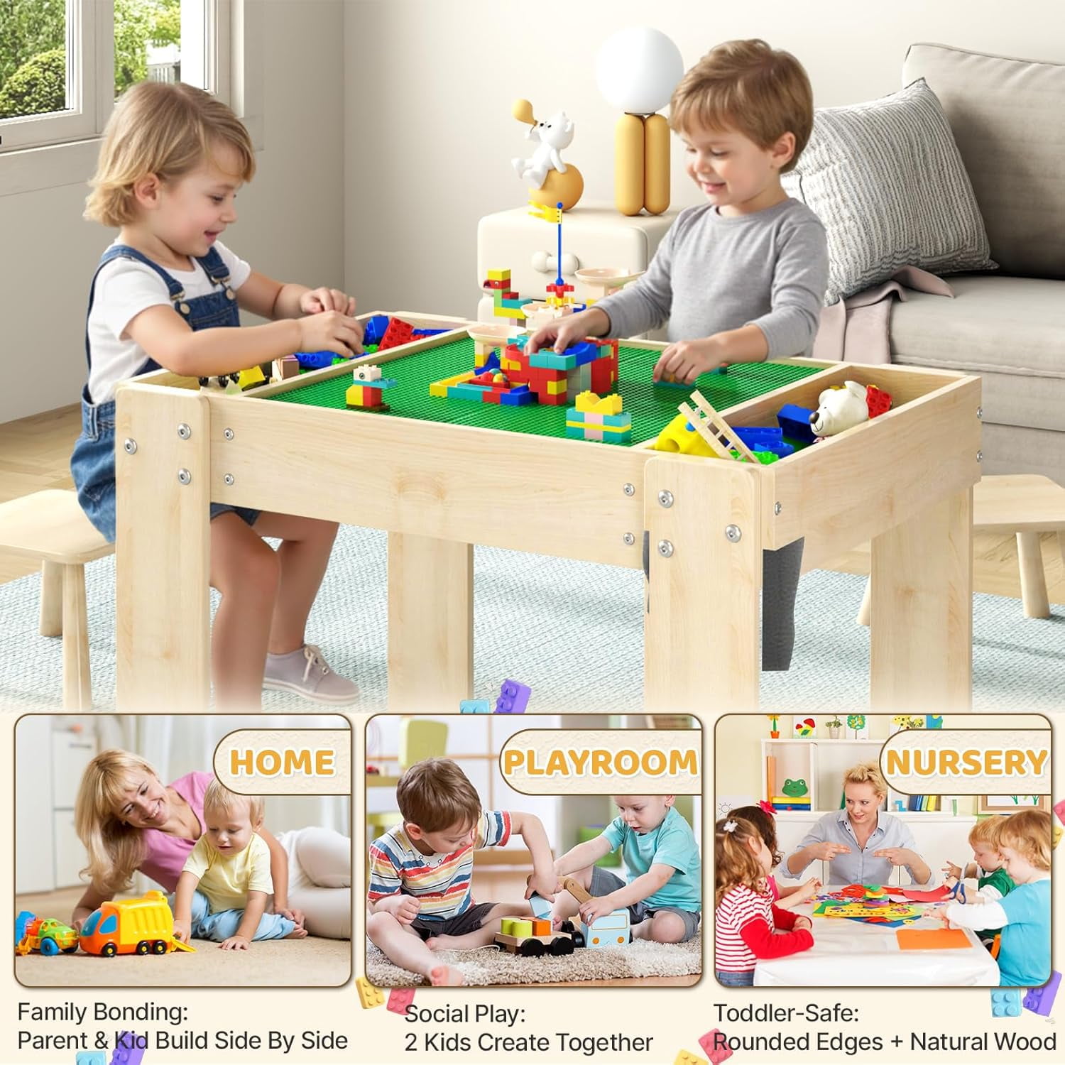 Building Blocks Table with Storage for Kids, Wooden Table Fits Legu Bricks for Toddlers Ages 3+, Kids Activity Play Desk with 2 Chairs, 31.29''X 22.44''X 19.69'' ( Table Only)