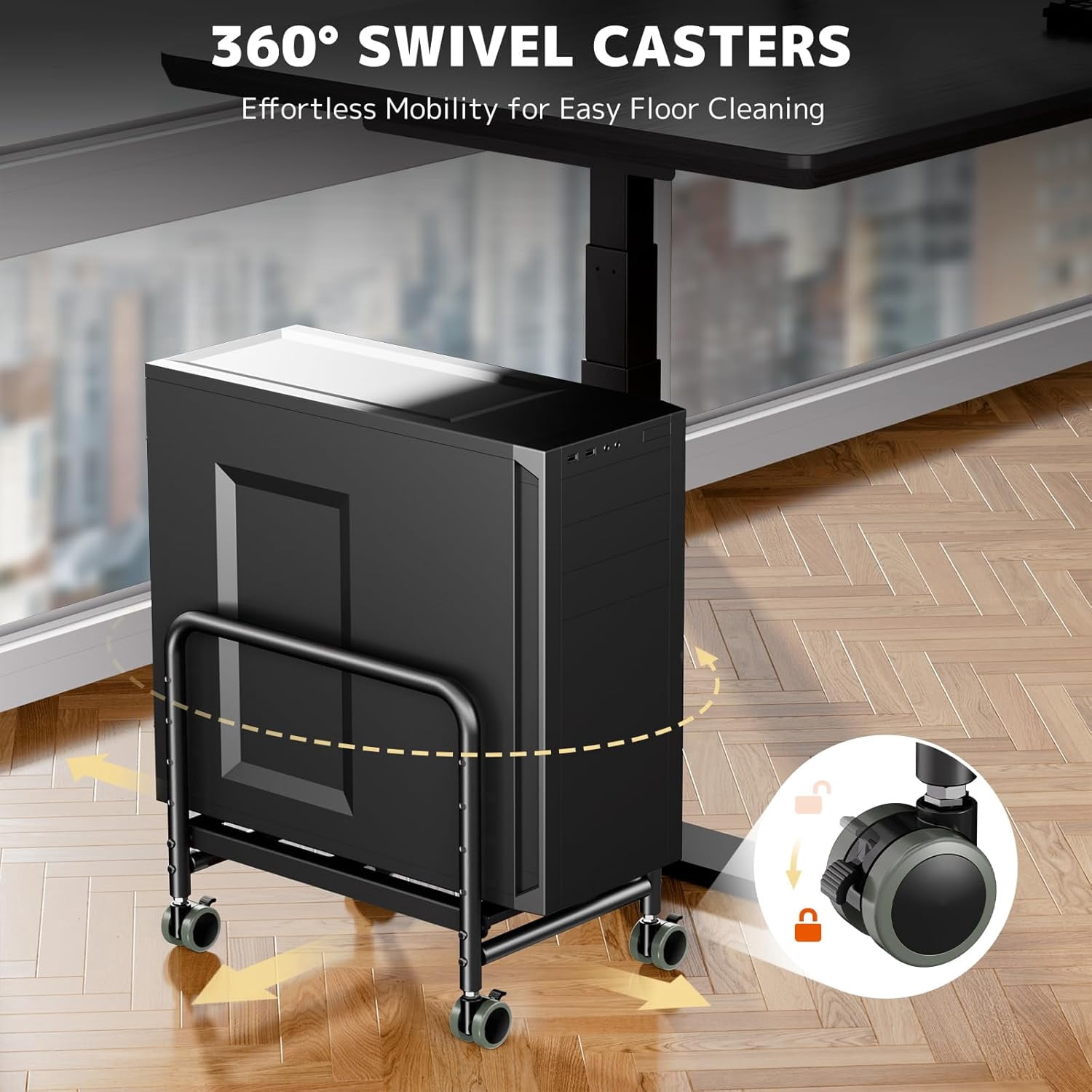Computer Tower Stand Under Desk - Height Adjustable PC Stand for Most Mid-Tower, Rolling CPU Holder with 360° Locking Wheels, Max Load 66 lbs, Black