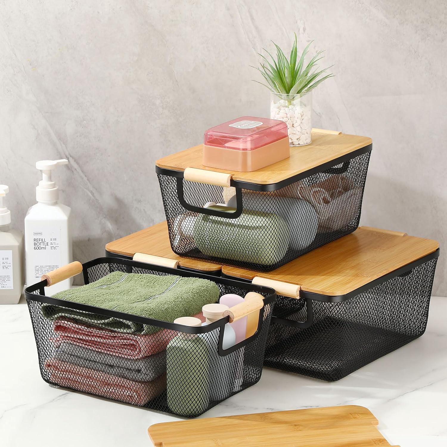 4 Pcs Metal Wire Basket with Wooden Handles and Bamboo Lids 12.2 x 8.27 x 5.51" Mesh Steel Basket Stackable Storage Bins Organizer Containers for Vegetables Fruit Home Cabinet Pantry(Black)