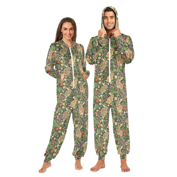 joogoo Flowers Rabbit Floral Unisex Adults Onesies Pajamas Jumpsuits L