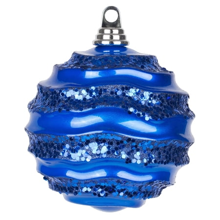 Vickerman 8 Blue Stripe Candy Finish Wave Ball Christmas Ornament with Glitter Accents