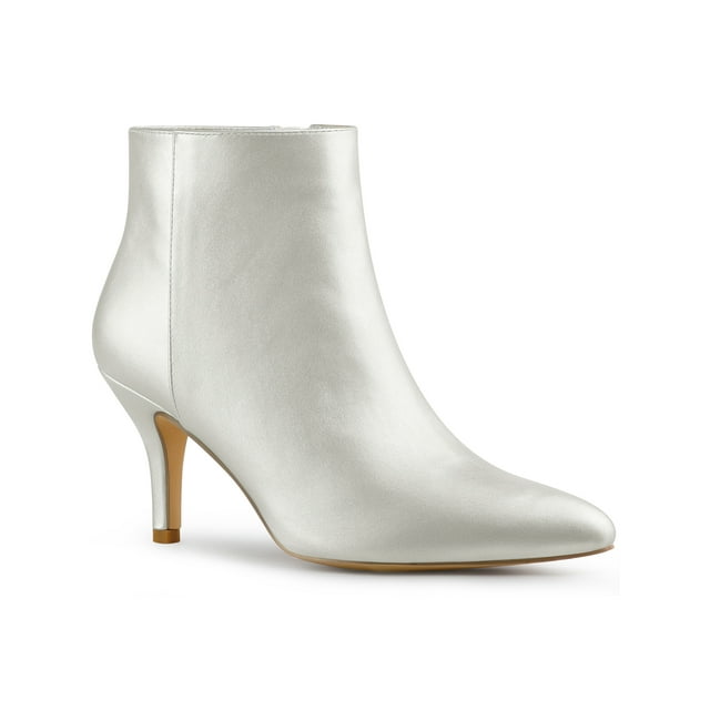 BLISSFUL STEP Women's Pointed Toe Zipper Stiletto Heels Ankle Boots Silver 8